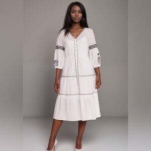 Johnny Was White Tiered Midi Sundress with Black Embroidery
